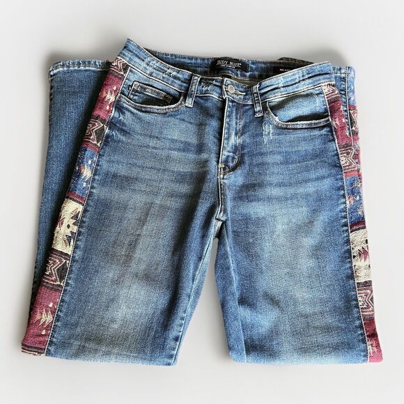 Judy Blue Denim - Judy Blue Jeans Womens Size 5/27 Relaxed Fit High Rise Aztec Side Hippie Boho